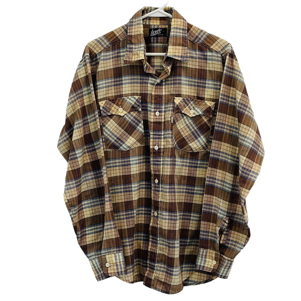 Vintage Mens L Levi's Western Shirt Button Front Brown Blue Plaid Long Sleeve